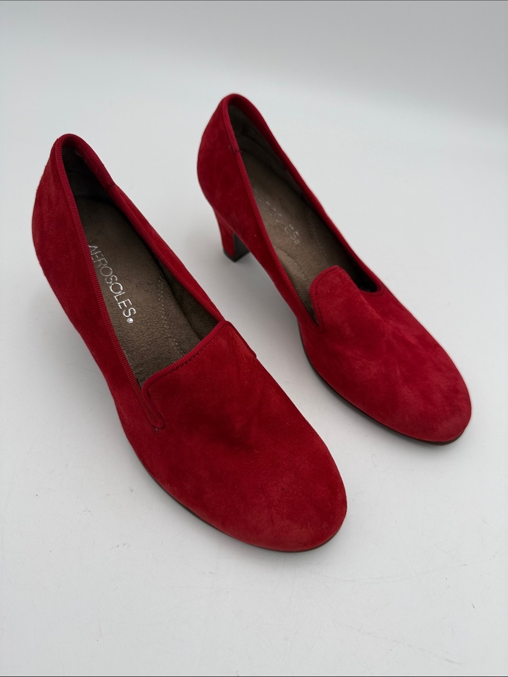 AEROSOLES Red Suede Slip-On Low Block Heels women 7M casual office retro comfort